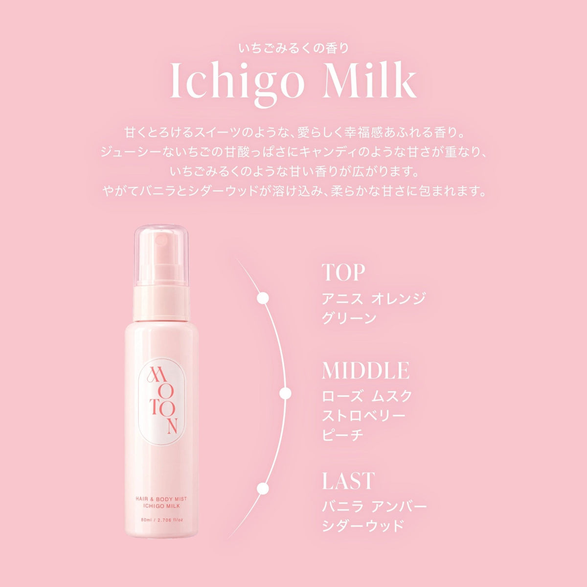 【予約注文 11/1出荷】数量限定 MOTONヘア＆ボディミスト いちごみるくの香り 80ml - MOTON(モトン)公式オンラインストア