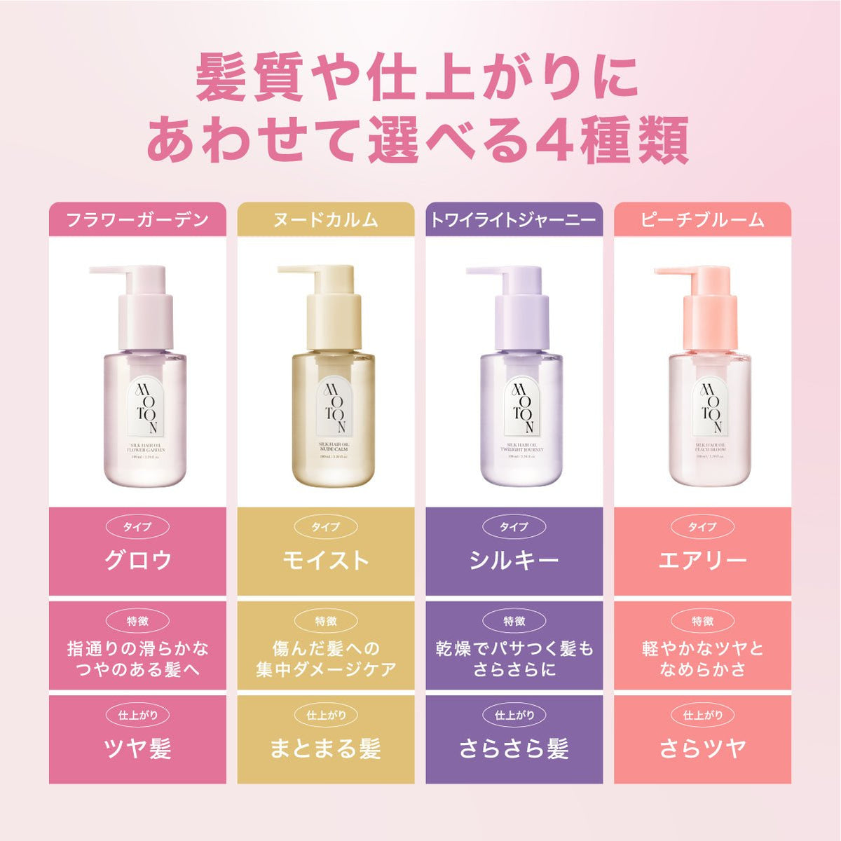 公式 MOTON(モトン) シルクヘアオイル 選べる4つの仕上がりと香り 100ml - MOTON(モトン)公式オンラインストア